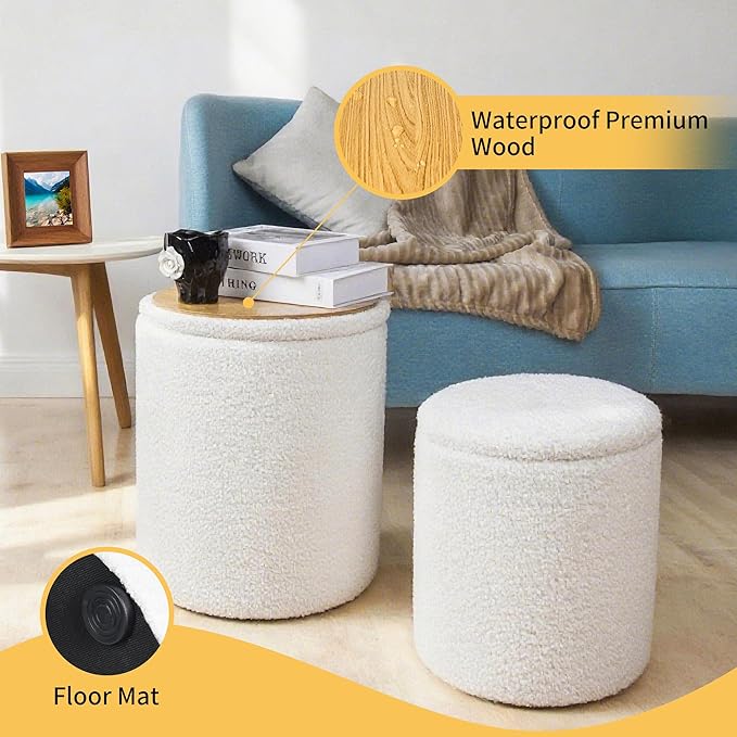 Round Storage Ottoman Set of 2 with Reversible Tray Lid—Multi-Functional Boucle Footrest, Vanity Stool, Sturdy Coffee Table for Living Room, Bedroom, Entryway (White)