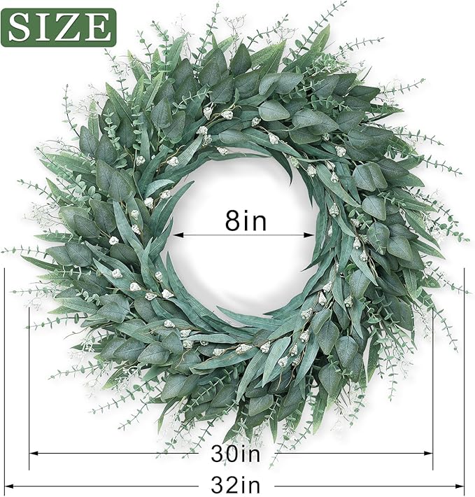 32" Eucalyptus Wreath for Front Door - Large Artificial Greenery Outdoor Wreath for Porch, Window,Farmhouse,Home,Holiday,Hanging Decor- Spring, Summer, Fall, All Seasons (Green)