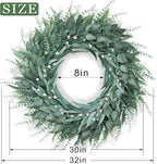 32" Eucalyptus Wreath for Front Door - Large Artificial Greenery Outdoor Wreath for Porch, Window,Farmhouse,Home,Holiday,Hanging Decor- Spring, Summer, Fall, All Seasons (Green)