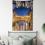 Ambesonne Landscape Tapestry, Night Panoramic View Vecchio Bridge Florence Italy Colorful Fireworks, Fabric Wall Hanging Decor for Bedroom Living Room Dorm, 30" X 45", Purple Yellow