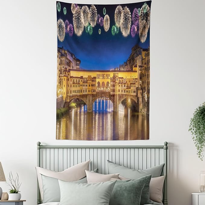 Ambesonne Landscape Tapestry, Night Panoramic View Vecchio Bridge Florence Italy Colorful Fireworks, Fabric Wall Hanging Decor for Bedroom Living Room Dorm, 30" X 45", Purple Yellow