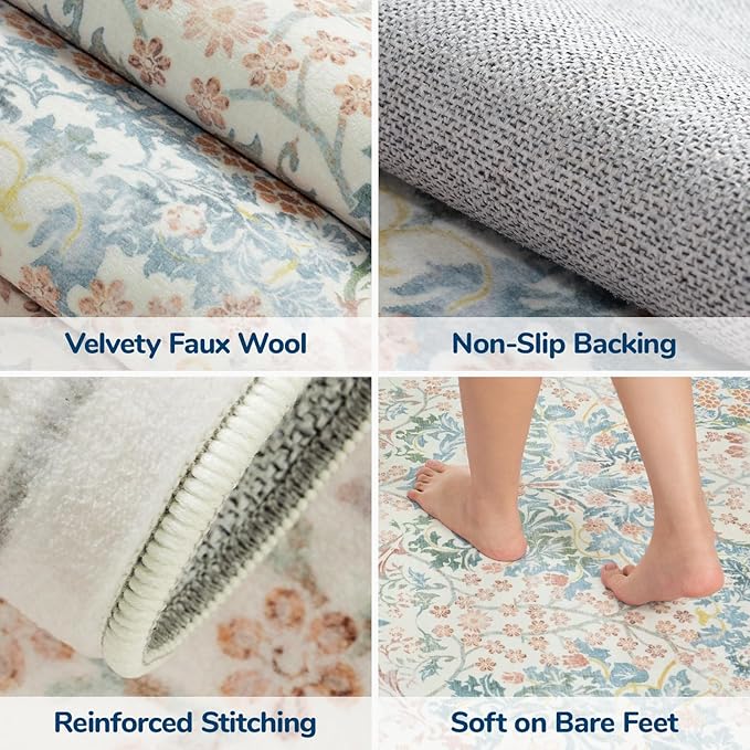 Lessymo Floral Washable Rugs 8x10, Faux Wool Soft Area Rugs for Living Room Bedroom, Boho Non-Slip Forest Stain Resistance Large Carpet for Dining Room Home Office, Beige Brown