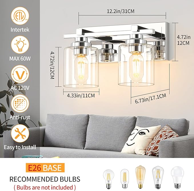 2 Light Modern Bathroom Light Fixtures Over Mirror, Chrome Vanity Lights for Bathroom Wall Sconces with Clear Glass Shades, E26 Socket (Bulbs Not Included)