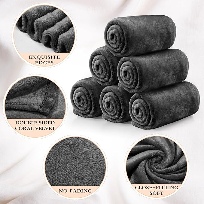 Tinideya 6 Pcs Flannel Fleece Throw Blanket Bulk 50 x 60 Inch Soft Fleece Blanket Warm Throw Blanket Coral Blankets for Couch Sofa Home Wedding Gifts Season (Dark Gray)