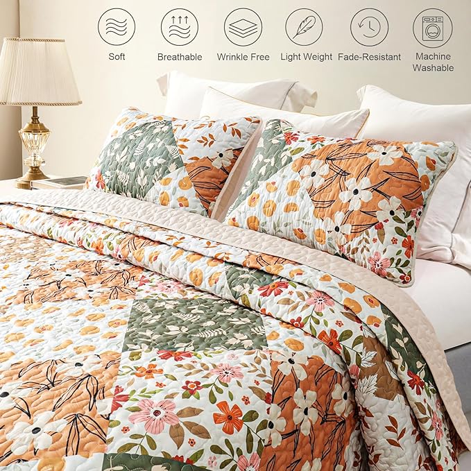 Whale Flotilla Patchwork Quilt Twin Size, Extra Soft Boho Floral Bedspreads for Bed Reversible Lightweight Twin Quilt Bedding Set Printed Coverlets with 1 Pillow Sham for All Seasons, Orange