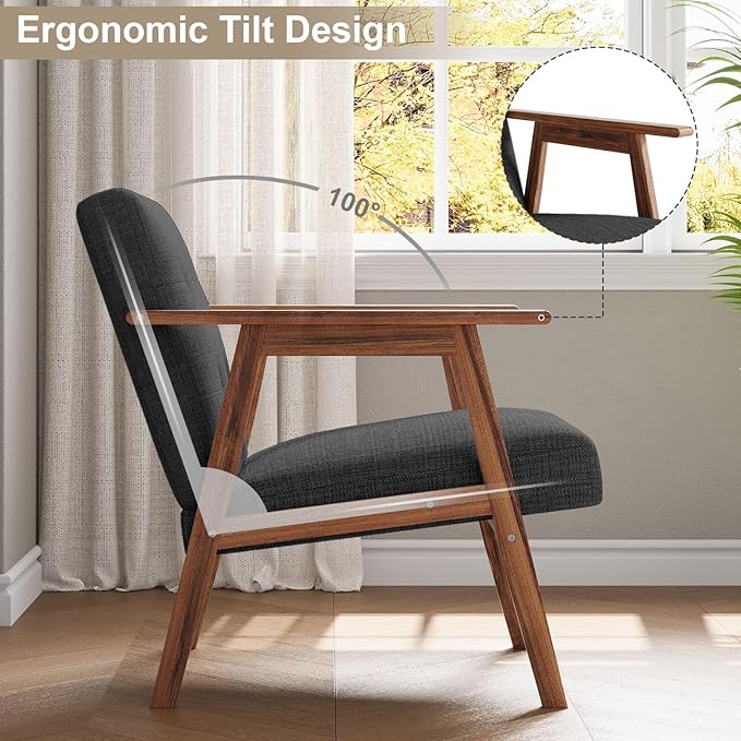 Mid Century Accent Chair, Upholstered Fabric Lounge Chair with Walnut Finish Frame for Living Room, Comfortable Sofa Chairs in Dark Gray