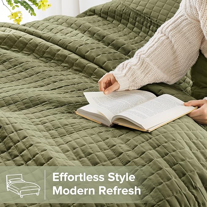 Comfort Spaces King Quilt Set Modern Reversible Plaid Coverlet King Bedding Set Cozy Quilted Winter Layer, All Season Lightweight Soft King Size Quilt, Kienna, Cal King Olive Green 3 Piece