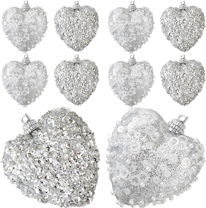 Silver Valentine's Day Heart Tree Ornaments 10Pcs Glitter Sequin Heart Shaped Baubles Decoration Valentines Pearl Foam Hanging Decor(2.36in)