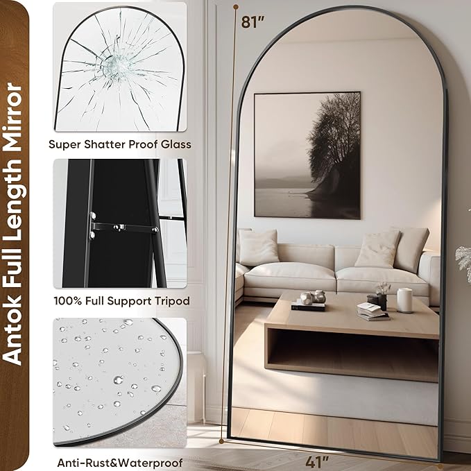 Antok Full Length Mirror, 81"x41" Oversized Floor Mirror Freestanding, Full Body Floor Standing Mirror with Stand, Hanging Mounted for Living Room Cloakroom,Black,Arched Style