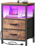 Huuger Night Stand with Charger Station and LED Lights, 2 Drawer Nightstand, Bed Side Table with Open Shelf, End Table, Fabric Dresser for Bedroom, Rustic Brown