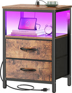 Huuger Night Stand with Charger Station and LED Lights, 2 Drawer Nightstand, Bed Side Table with Open Shelf, End Table, Fabric Dresser for Bedroom, Rustic Brown