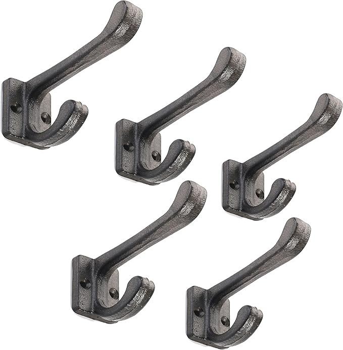 Ambipolar 5 Pack Decorative Cast Iron Heavy Duty Double Hooks, Wall Mounted Coat Hooks, Vintage Inspired (Antique Black) (Modern Type)