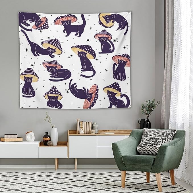 VUMIVI Funny Cat Mushroom Tapestry Retro 70s Hippie Style Cute Black Kitten Star Aesthetic Art Print Tapestry Wall Hanging for Living Room Bedroom Dorm Classroom Aesthetic Decor W60xL50in