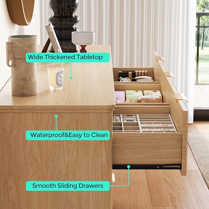 LINSY Fluted 9 Drawer Dresser for Bedroom, 58" Wide Mid-Century Modern Tall Chest of Drawers, Deep Storage Dresser with Curved Corner Design, Large Accent Wood Cabinet for Bedroom, Oak