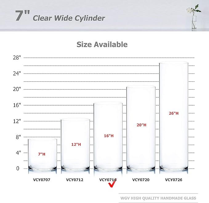WGV Cylinder Vase, Width 7", Height 16", Clear Wide Large Diameter Flower Glassware, Floral Container, Planter Terrarium for Wedding Party Event, Home Accent Decor, 1 Piece