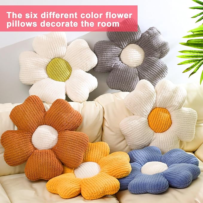 6 Pcs Flower Shaped Pillows Daisy Floor Throw Pillows 15 Inch Flower Seat Cushion for Reading Sofa Couch Bed Decor for Back to School First Day of School(Light Color)