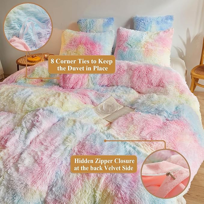 XeGe Plush Shaggy Rainbow Duvet Cover Set, 3 Pieces Soft Fluffy Furry Tie Dye Bedding Set(1 Multicolor Faux Fur Fuzzy Comforter Cover + 2 Pillowcases), Zipper Closure(Queen Size, Rainbow)