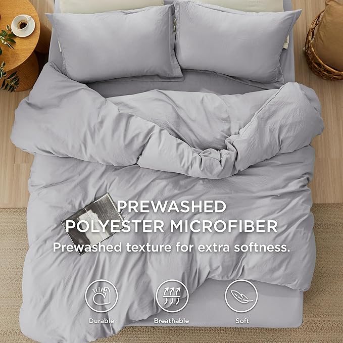 Bedsure Duvet Cover King Size with Fitted Sheet - 4 Pieces Prewashed Cotton-Like Polyester Extra Soft Bedding Set, Includes 1 Duvet Cover 104x90 Inches, 2 Pillow Shams, 1 Fitted Sheet, Light Grey