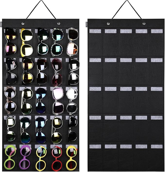 AROUY Sunglasses Organizer Storage, Hanging Wall Pocket Glasses Organizer - 25 Felt Slots Sunglass Organizer Holder Eyeglass Display with Sturdy Rope (Black, Large)
