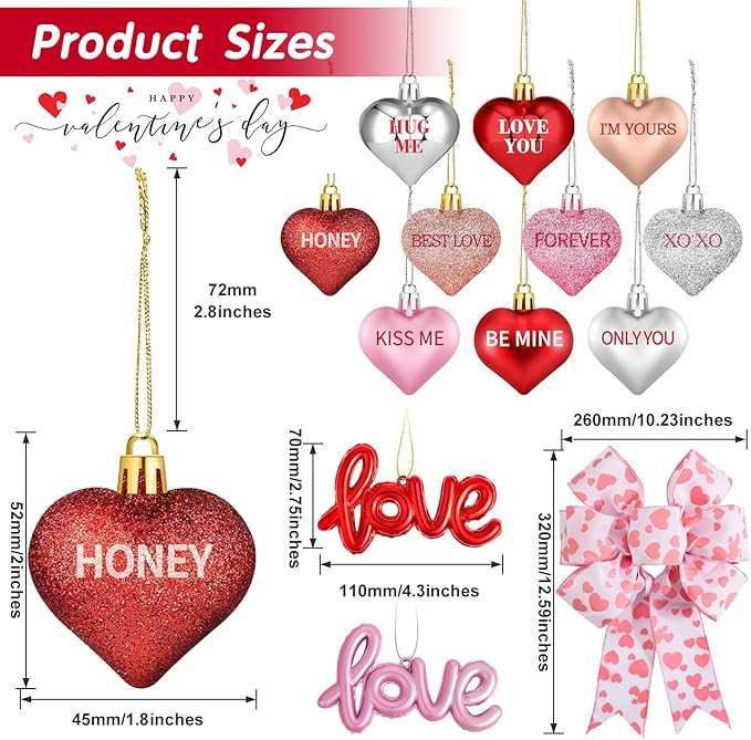 43Pcs Valentine's Day Heart Shaped Ornaments with Valentine Tree Topper Bow, 13 Styles Heart Shaped Ornament with Sweet Love Words, Valentine Ornaments for Tree Wedding Anniversary Decoration