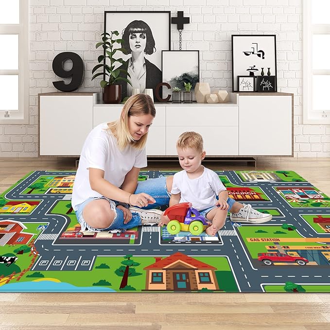 Kids Car Playmat, Kids Rug for Playroom Car Mat Town City Road Traffic Rugs, Play Mat for Floor, Extra Large Boys Kid Car Track Play Rug (Style Four, 59X 39.4 INCH)