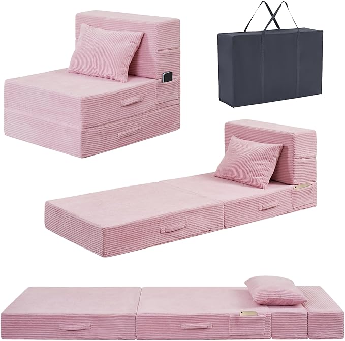 Folding Sofa Bed, 4 in 1 Convertible Sleeper Chair with Pillow, Single Memory Foam Fold Out Chair Bed, Modern Floor Futon Sofa Couch Mattress for Living Room/Guest/Apartment, Pink
