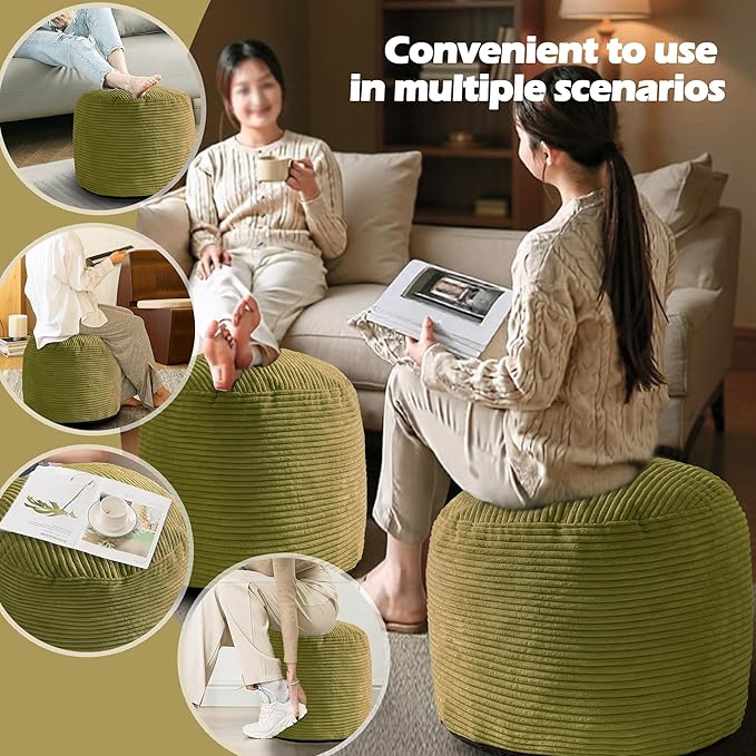 Sqodok Round Stuffed Pouf Ottoman for Foot Stools, 20"x 15" Corduroy Poufs Ottoman with Shredded Foam Filling, Washable Floor Poufs Foot Rest for Living Room Bedroom Home Decor and Office Chair
