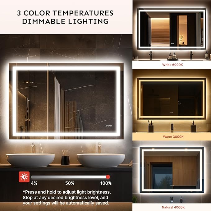 32x40'' LED Bathroom Mirror with Light, Frameless, Dimmable Front & Backlit, Anti-Fog, Distortion Free, Light Memory, Tempered and Shatter-Proof Wall Mounted Vanity Silver Coating Mirror