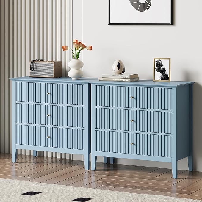 Large Muted Blue Fluted 3 Drawer Dresser Set of 2, Chest of Drawers with Ball Bearing Slide Modern 30 inch Tall Wood Nightstand with Spacious Storage for Bedroom Living Room Entryway