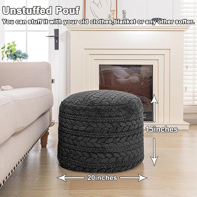 Unstuffed Ottoman Pouf Cover – Round Faux Fur Footstool Plush Floor Pouf (No Filler Included) Perfect for Living Room, Bedroom, or Office Lounge (Gray, 20x20x15 in)