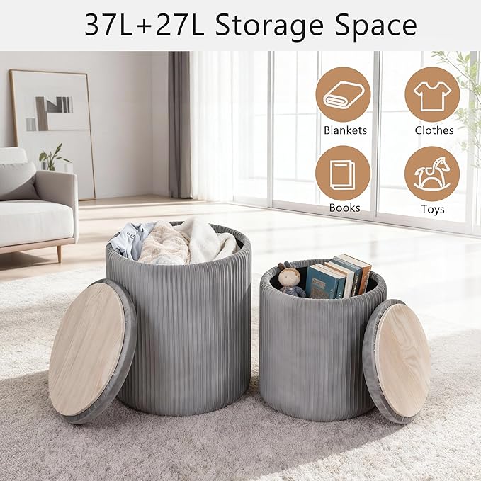 CAROLMADE Set of 2 Round Ottoman with Storage, Upholstered Vanity Stool Support 330lbs Multifunctional Coffee Table Ottoman Velvet Foot Rest Stool or Living Room Bedroom Dorm(Grey)
