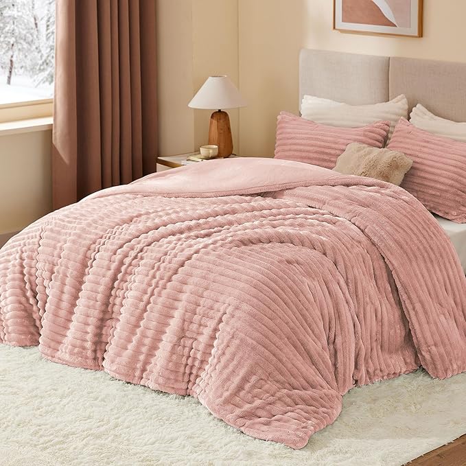 BEDELITE Fleece Full Comforter Set -Super Soft & Warm Fluffy Dusty Pink Bedding, Luxury Fuzzy Heavy Bed Set for Winter with 2 Pillow Cases