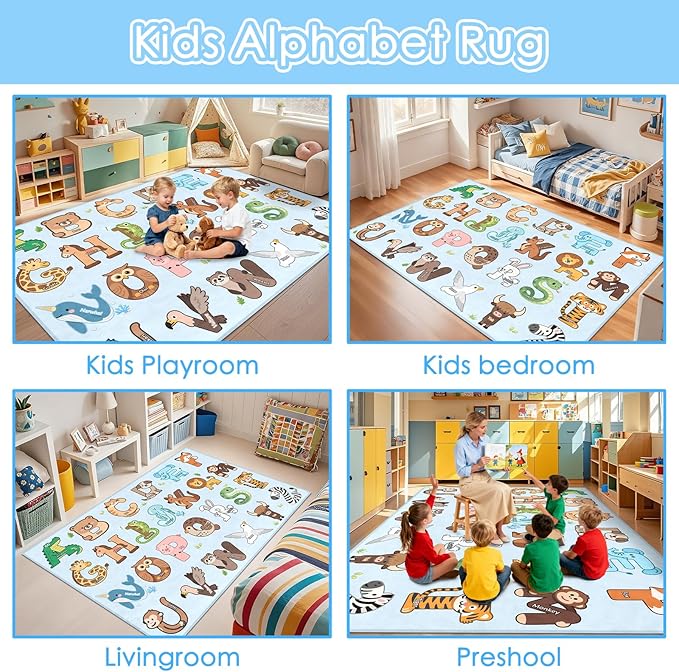 Kids Rugs for Playroom - 2.5x4 Feet ABC Rug for Toddler Children Educational Learning Animal, Alphabet Rug Kids Play Mat Nursery Bedroom Kindergarten Decor, Blue