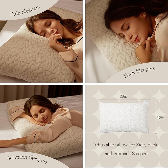 Memory Foam Pillows for Sleeping Adjustable Bamboo Blend Breathable Bed Pillow for Side, Back, and Stomach Sleepers Washable Pillow Cover Dream Cloud Queen Size 18X28 in