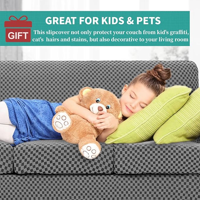YEMYHOM Latest Checkered 4 Pieces Couch Covers for 3 Cushion Couch High Stretch Thickened Sofa Cover for Dogs Pets Living Room Anti Slip Elastic Slipcovers (Dark Gray Checkered), 71"-91"(3 Cushions)
