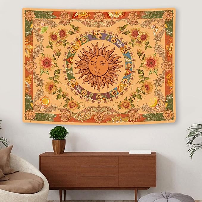 Accnicc Yellow Sun and Moon Tapestry Vintage Indie Boho Tapestry Wall Hanging with Sunflowers Butterfly Moth Constellation Aesthetic Wall Tapestries for Bedroom Dorm Living Room (Orange, 70.8'' ×