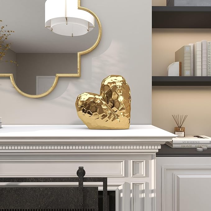 Deco 79 Porcelain Ceramic Heart Decorative Sculpture Dimensional Angled Origami Inspired Home Decor Statue, Accent Figurine 12" x 6" x 11", Gold