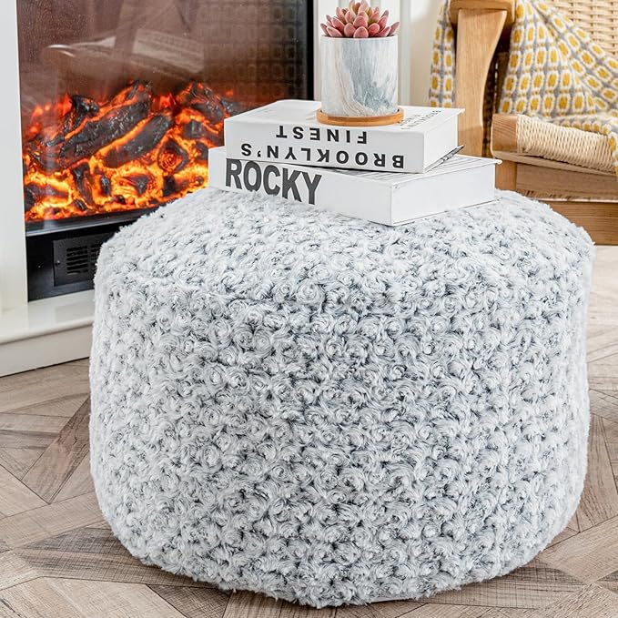 Asuprui Grey Pouf Ottoman Unstuffed Foot Rest 20x20x12 Inches Round Ottoman Pouf NO Filler Floor Poof Bean Bag Chair Foldable Floor Chair Storage for Living Room Bedroom Light Grey Cover ONLY