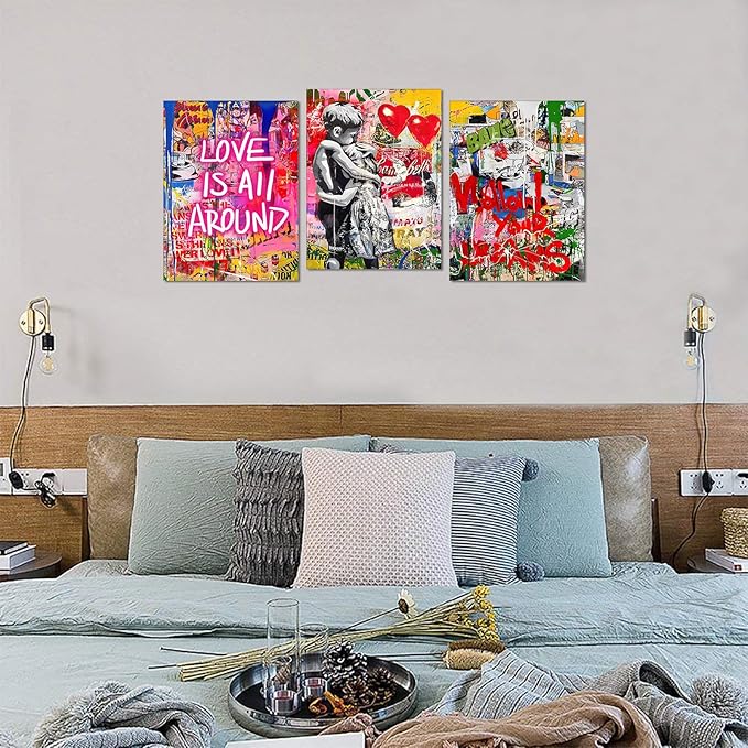Novatique Banksy Canvas Wall Art Street Wall Art Colorful Graffiti Picture Canvas Print Abstract Modern Graffiti Poster Art for Bedroom Living Room Ready to Hang, 12”x 16”x 3Pcs