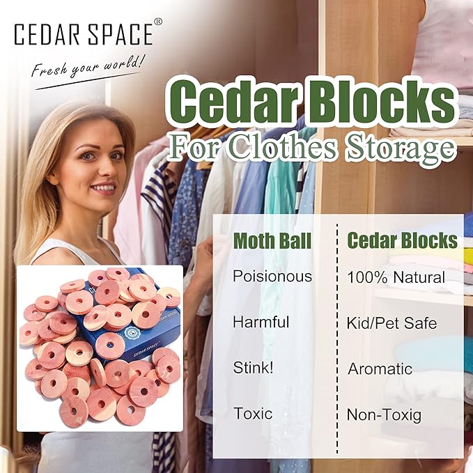Cedar Space Cedar Blocks for Clothes Storage 100% Natural Aromatic Red Cedar Rings 72Pcs Protection for Wardrobes Closets and Drawers
