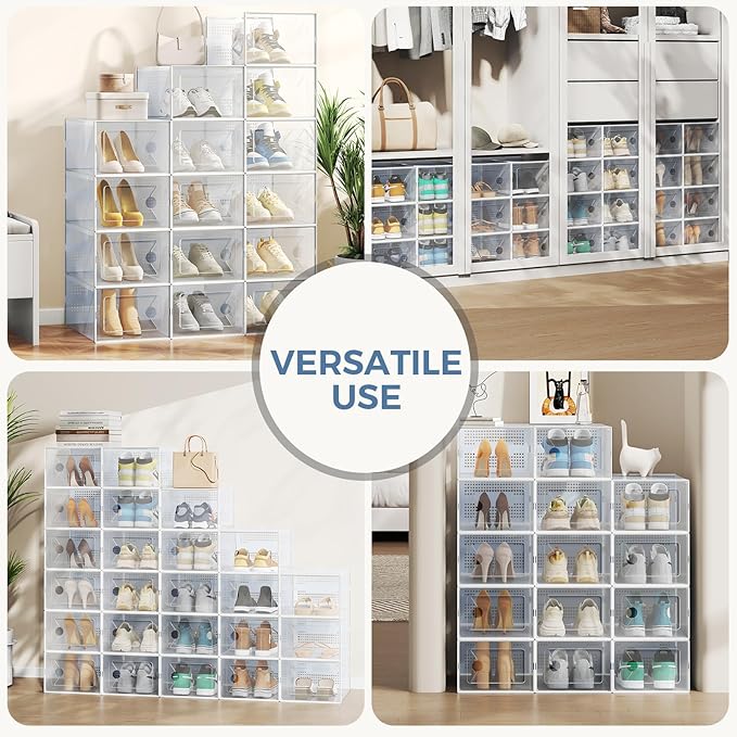 DUMOS Stackable Shoe Storage Boxes, 12-Pack Plastic Shoe Organizers with Lids, Large Shoe Rack & Holder for Closet, Under Bed, Entryway, Sneaker Display and Storage Containers, White