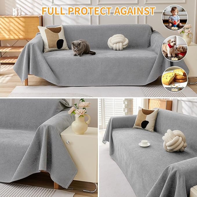 Deep Dream Waterproof Couch Covers for 3 Cushion Couch, Cat-Scratch Resistant Sofa Cover, Pet Friendly Anti Slip Sofa Slipcovers Furniture Protector Washable Sofa Covers, 91" x 118", Light Grey