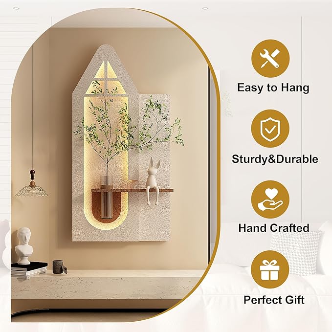 LED Sandstone Wall Decor, 3D Wall Art Sculpture, Simulated Plants, Glass Vase & Remote Control 3 Color Light for Living Room, Bedroom, Corridor(Light Coffee,47.2 * 13in)