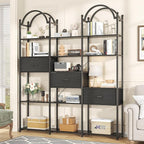 Semoic 83.5" Tall Arched Bookshelf, Triple Wide 6-Tier Large Open Book Shelf with 3 Drawers Storage, Etagere Bookcase with Display Shelf, Industrial Bookshelf with Metal Frame for Living Room, Black