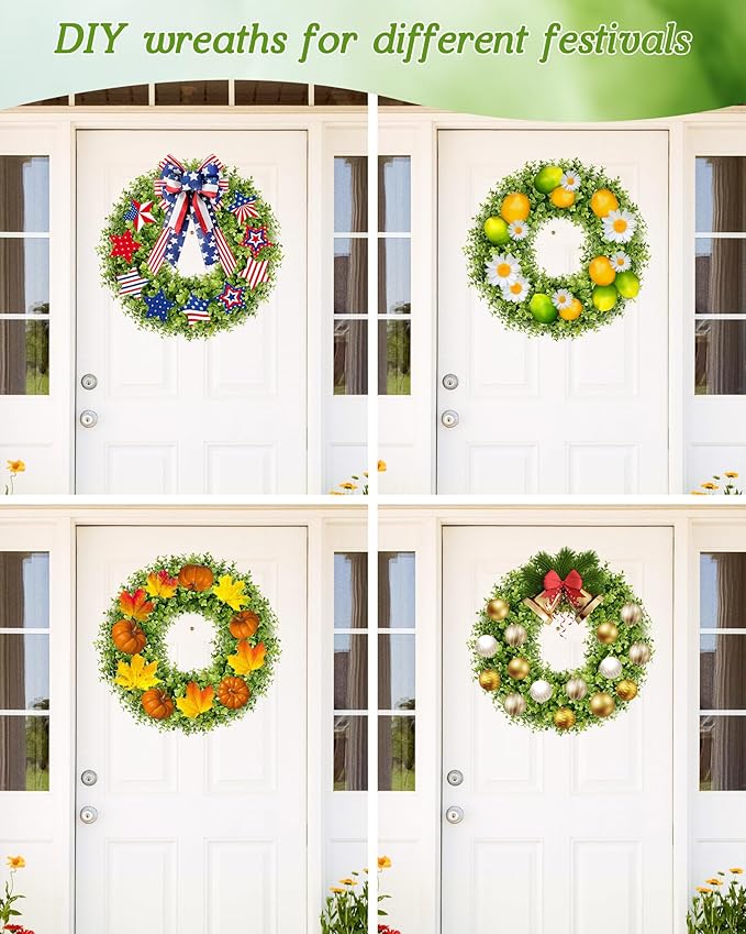 Vlorart 22 Inch Boxwood Wreaths for Front Door, Artificial Spring Wreath with Sash for Porch Window Wall Farmhouse Wedding Home Decorations, Summer Green Wreath for Year Round Indoor & Outdoor