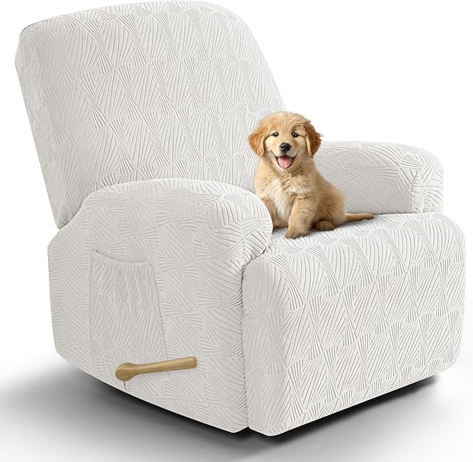 VANSOFY Recliner Chair Covers, 4-Pieces Stretch Recliner Cover Jacquard Soft Reclining Chair Slipcover Furniture Protector with Elastic Bottom for Lazy Boy Recliner(Porcelain White)