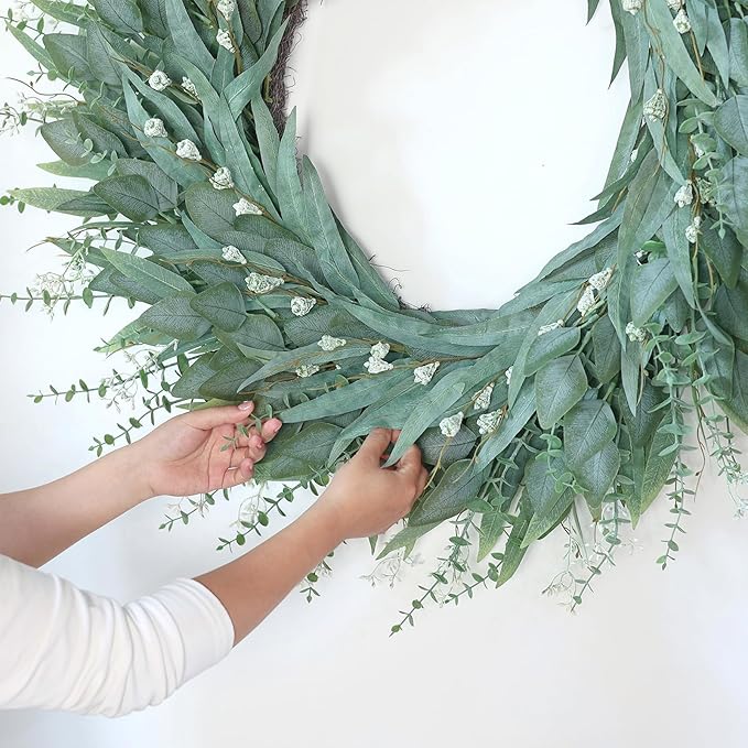 32" Eucalyptus Wreath for Front Door - Large Artificial Greenery Outdoor Wreath for Porch, Window,Farmhouse,Home,Holiday,Hanging Decor- Spring, Summer, Fall, All Seasons (Green)