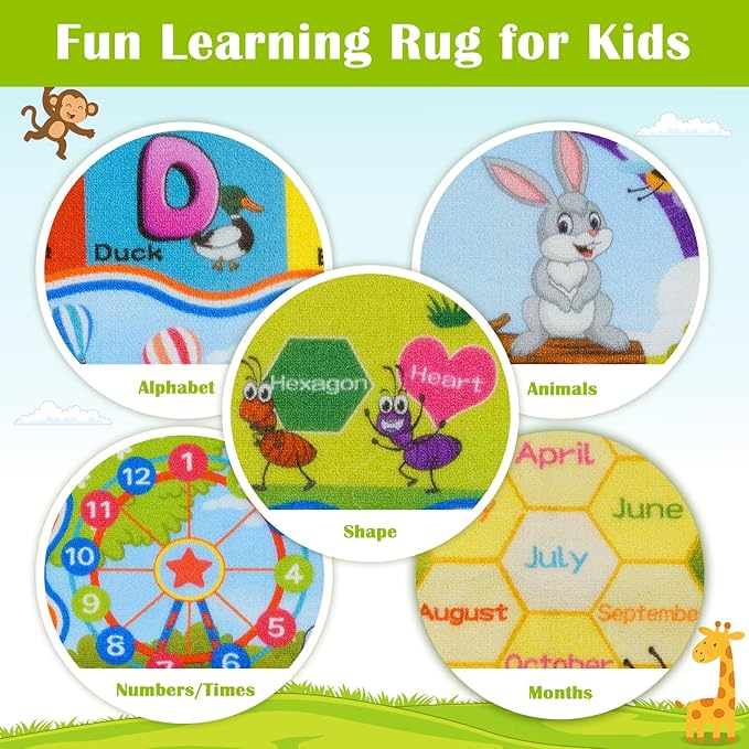 STARUIA ABC Rugs for Kids Playroom, Non-Slip Colorful Educational Kids Rug for Learning Alphabet Animals Numbers Months Shapes, Washable ABC Carpet Play Rug for Nursery Kid Room Decor (36"X59")
