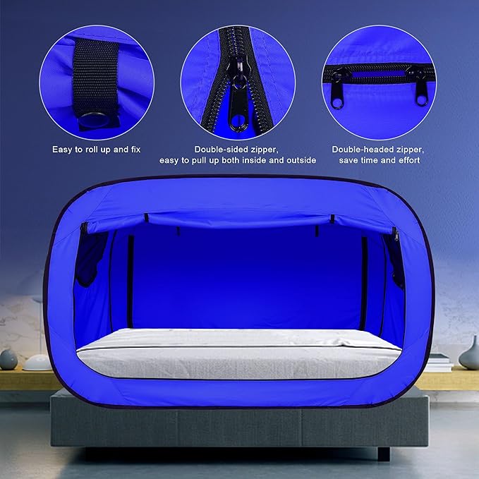 Bed Tent Twin Bed Canopy Portable Dream Tent for Adult Indoor Sleeping Tents with 2 Doors Breathable Private Space Tents, Blue