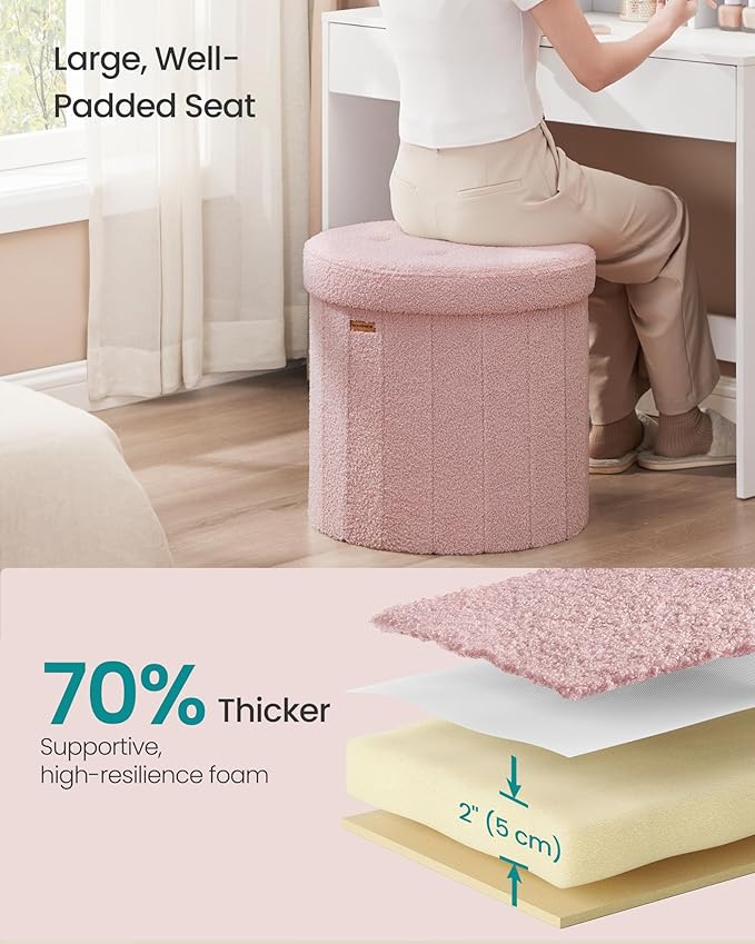 SONGMICS Mazie Collection - Round Storage Ottoman, Folding Footrest Stool with Removable Lid, Easy Assembly, Teddy Fleece Vanity Stool for Bedroom, Living Room, Entryway, Jelly Pink ULSF606R01